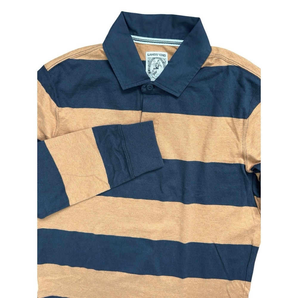 Lands' End Men's Long Sleeve Stripe Rugby Shirt French Navy Dijon Gold Size M - Picture 2 of 9